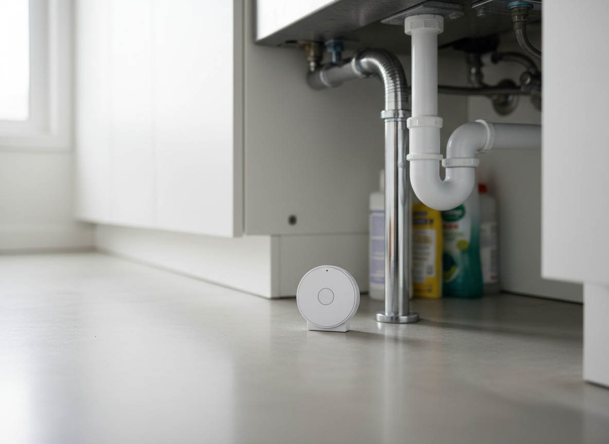 Illustrative leak alarm placed near kitchen sink plumbing