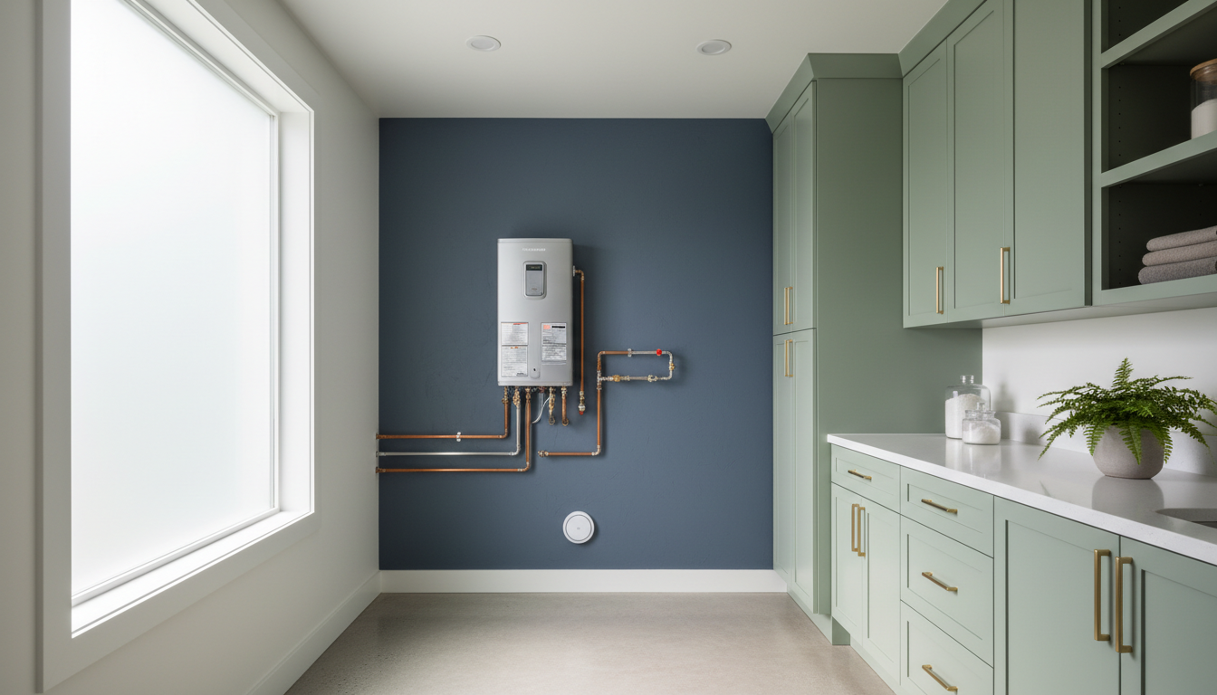 Residential utility room showing household equipment and a leak sensor